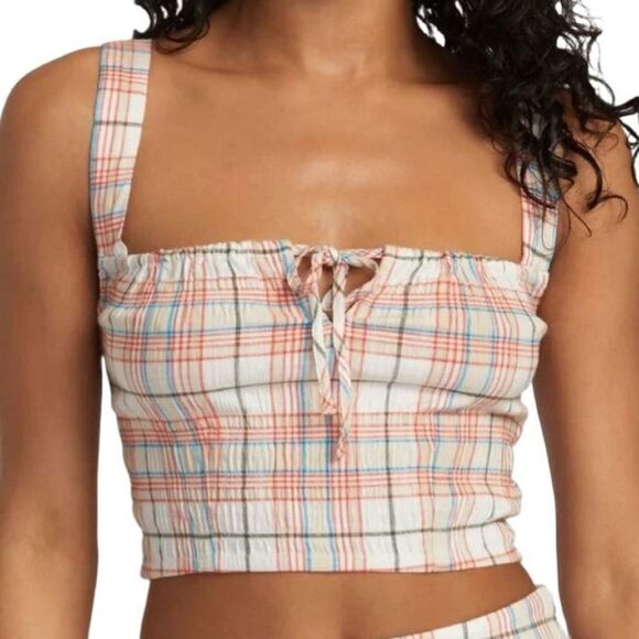 RVCA Plaid Crop Top Multicolor Tie Front Size Large - Picture 1 of 7